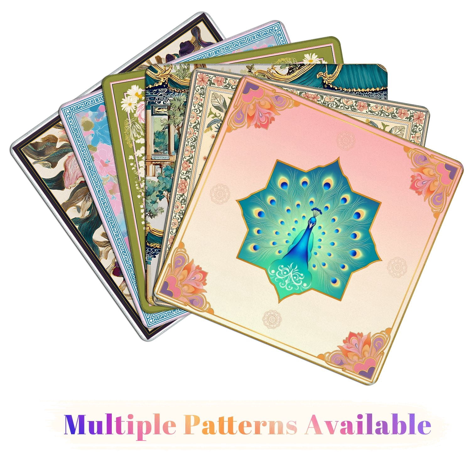 Mahjong Mat 31.5" x 31.5" Majestic Blue Peacock Vibrant Feathers Ornamental Geometric Frame Non-Slip Noise Reduction American Mahjong Tiles Table Cover for Dominoes Poker Card Board Games Gift