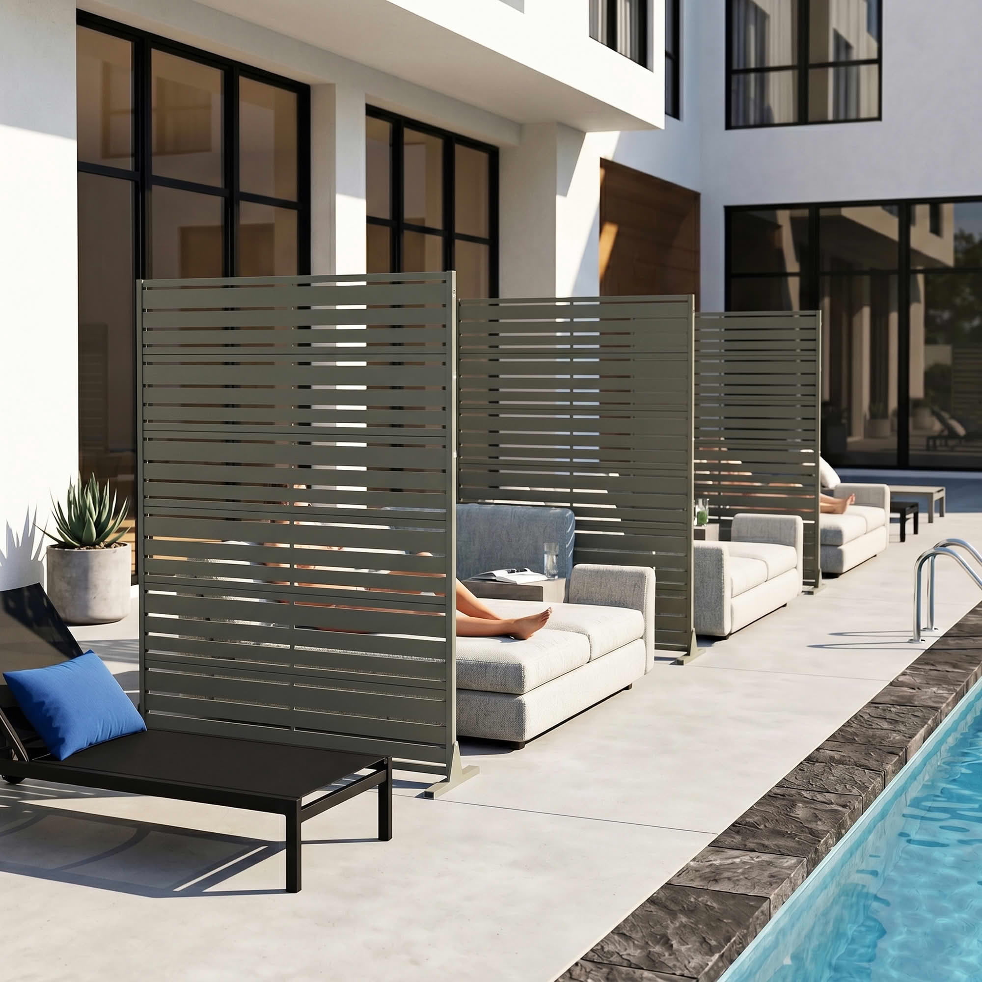 MAYEERTY Outdoor Gray Olive Privacy Fence Panel, 72"x47" Metal Louvered Screen with Wide-1 Narrow-2 Slats, Freestanding for Backyard Balcony
