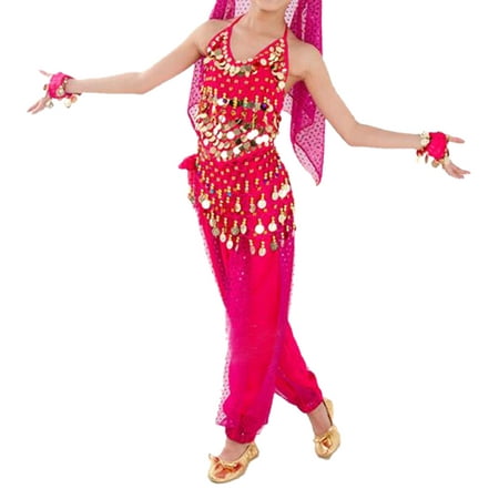 TopTie Kid's Belly Dance Girl Halter Top, Harem Pants, Halloween Costume Set-rose red-2XL