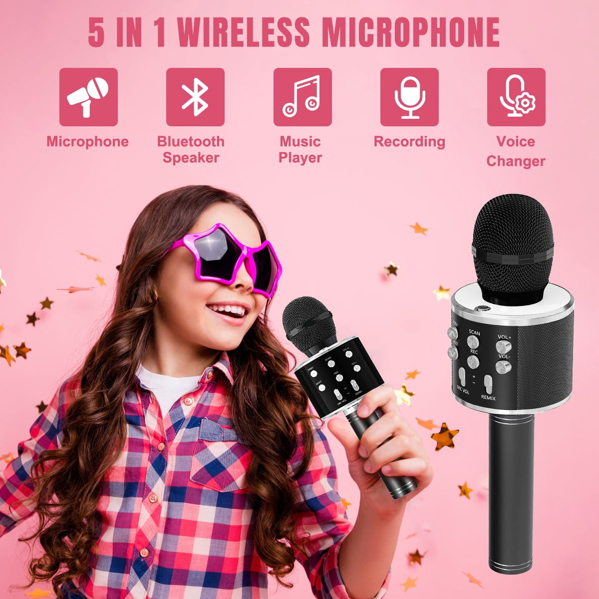 PayUSD Wireless Microphone for Kids Bluetooth Karaoke Microphone for adults 5-in-1 Portable Handheld Mic Speaker Birthday Christmas Gifts Toys for Girls Boys Adults All Age, Black
