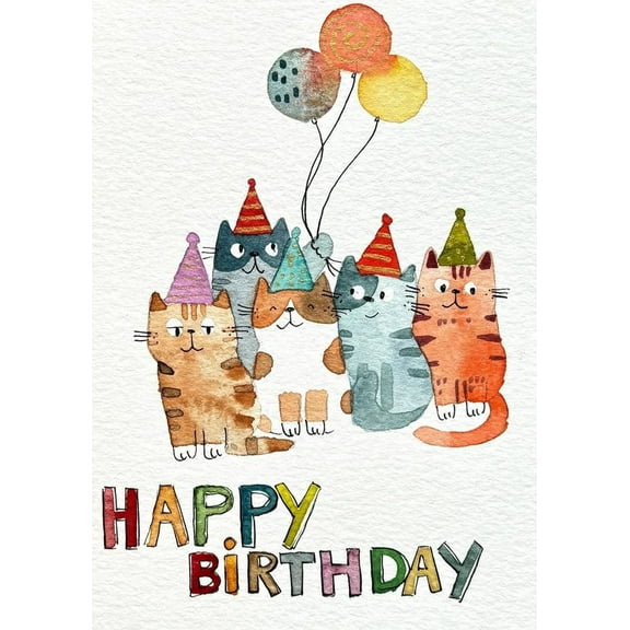 Happy Birthday Cat Greeting Card – Adorable Watercolor Kittens with Party Hats – Blank Inside for Personal Messages – Perfect Cute Card for Cat Lovers