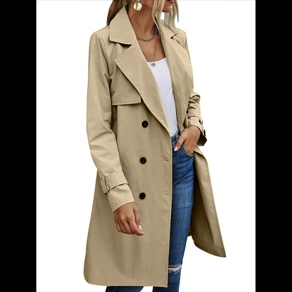 Women'S Double Breasted Long Sleeves Trench Coat Windproof Classic Lapel Slim Overcoat with Belt Khaki M