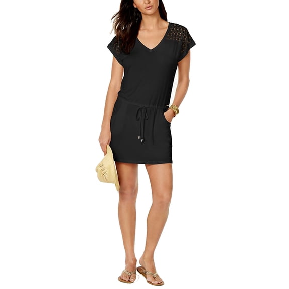 Calvin Klein Crochet-Shoulder Tunic Cover Up, Black, Small/Medium