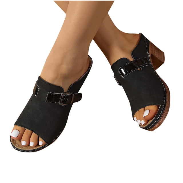 Heeled Sandals for Women Slide Buckle Decor Suede Arch Support Retro Soft Sole Non Slip Summer Sandals Black