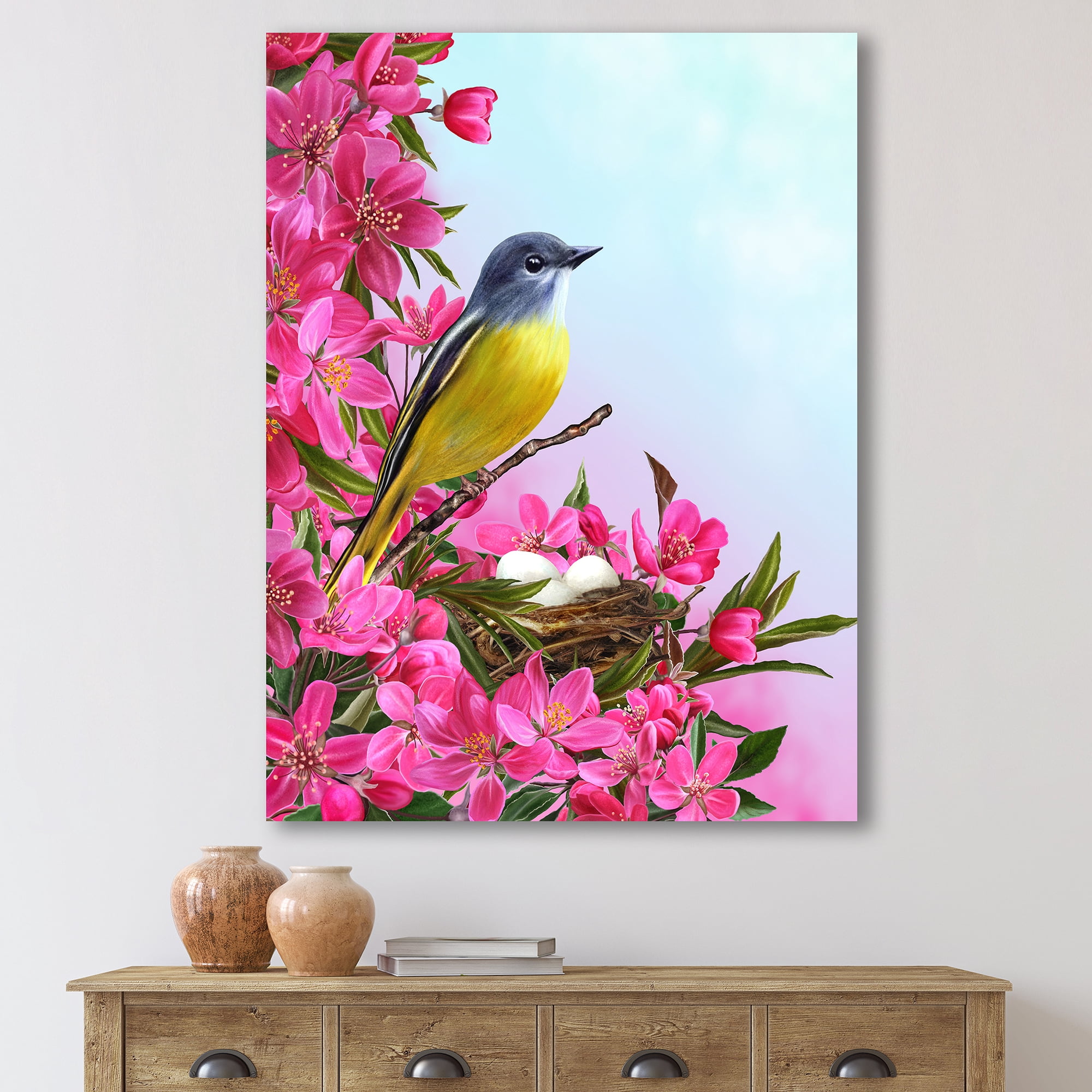 Designart ' Little Yellow Bird Near The Nest with Pink Flowers ' Traditional Canvas Wall Art Print