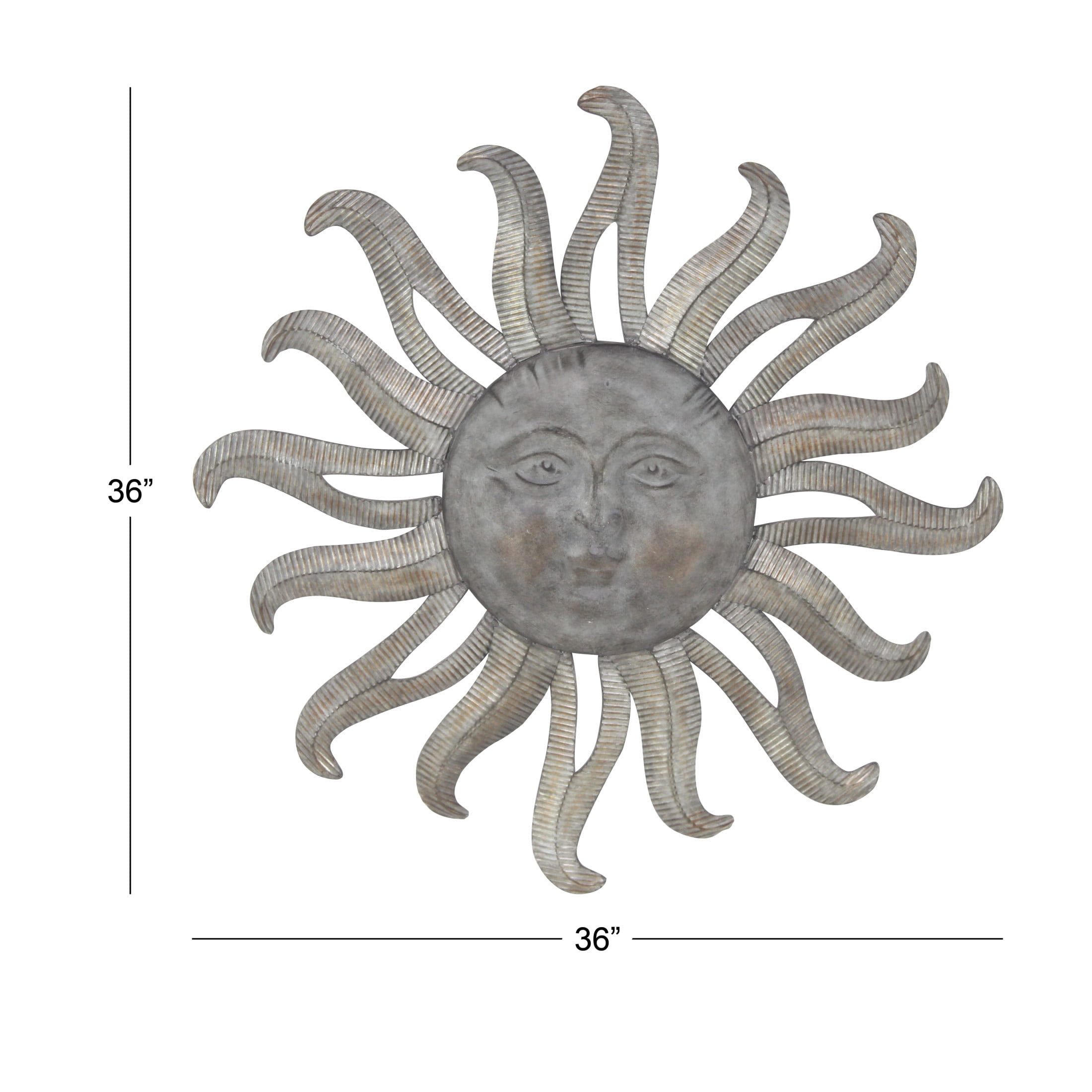 DecMode Gray Metal Sun Indoor Outdoor Face Home Wall Decor with Ribbed Detailing, 36" x 4" x 36"