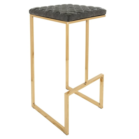LeisureMod Quincy Quilted Stitched Leather Bar Stools With Gold Metal Frame - Grey