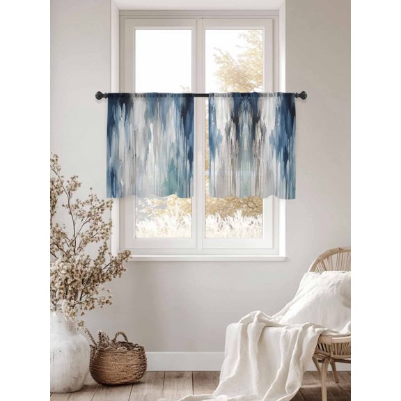 Abstract Artwork Sheer Curtains 45 inches Long 2 Panels Set Impressionist Blended Ocean Tones Blue White Splashes Tiers Sheers Small Window Short Curtains for Kitchen Cafe, Each 52" W x 45" L