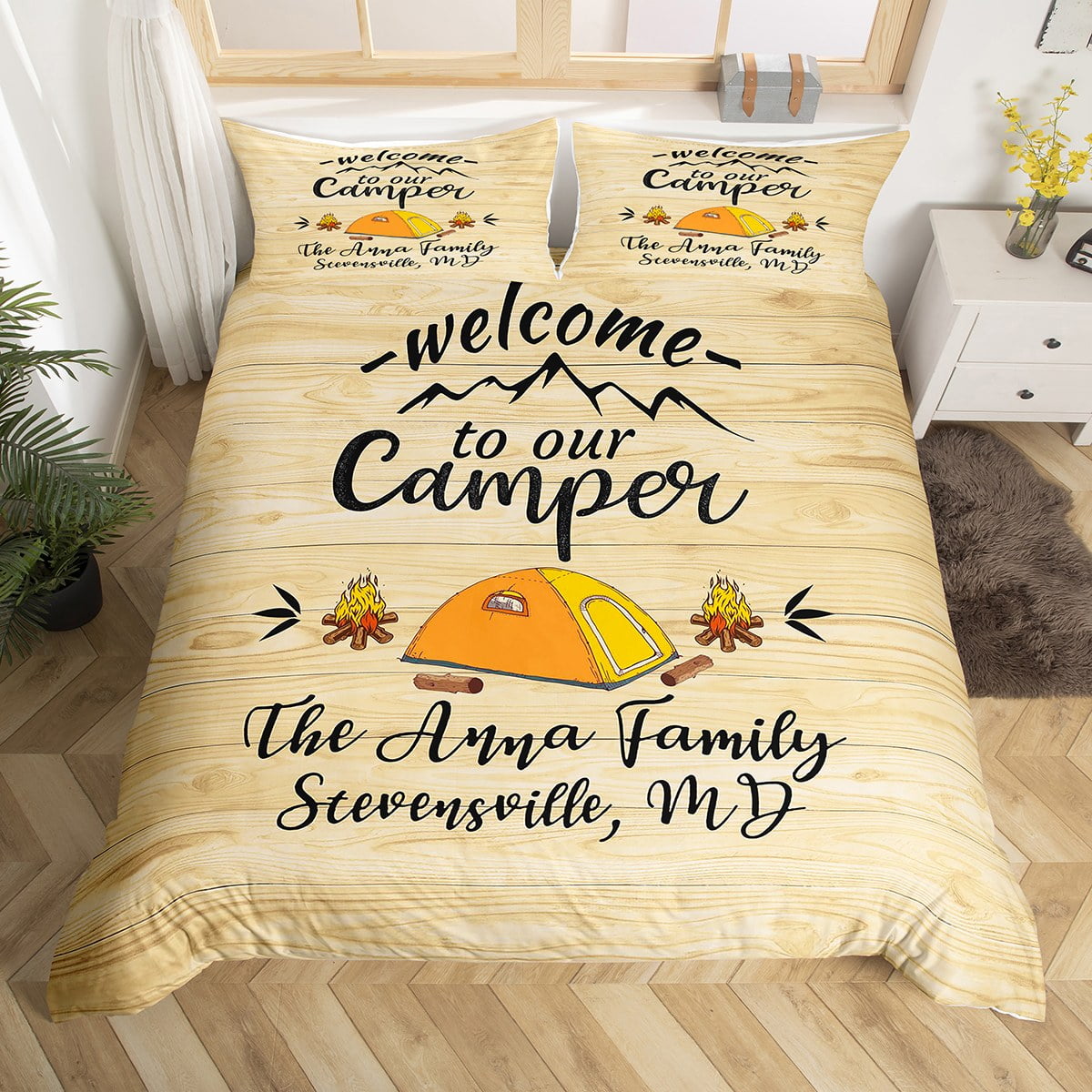 YST Camper Duvet Cover King, Happy Camping Bedding Set for Boys Girls