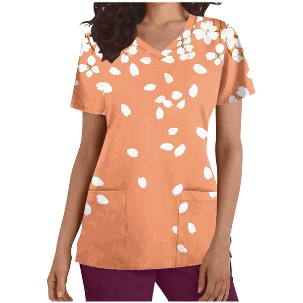 Mujeres Manga Corta Tops Casual V-Cuello Impreso Manga Corta de Bolsillo Superior Poliéster, Ropa de Enfermería de Moda para el Uso Diario Del Hogar