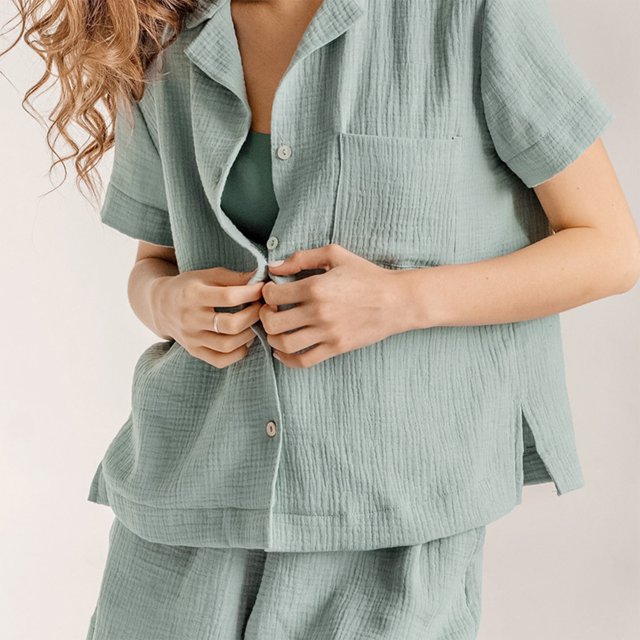 Revers Chemise + Short Camisa de solapa para mujer + Pantalones cortos Camisa de manga corta de algodón casual + Conjunto de pantalones cortos (Verde M) Cgtredaw para Mujer Verde T L