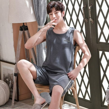 

QWZNDZGR Summer Men Pyjamas Knited Cotton Plaid Pajamas Set Casual Sleeveless Sleepwear Pyjamas Night Pijamas Plus Size 4XL Home Suits