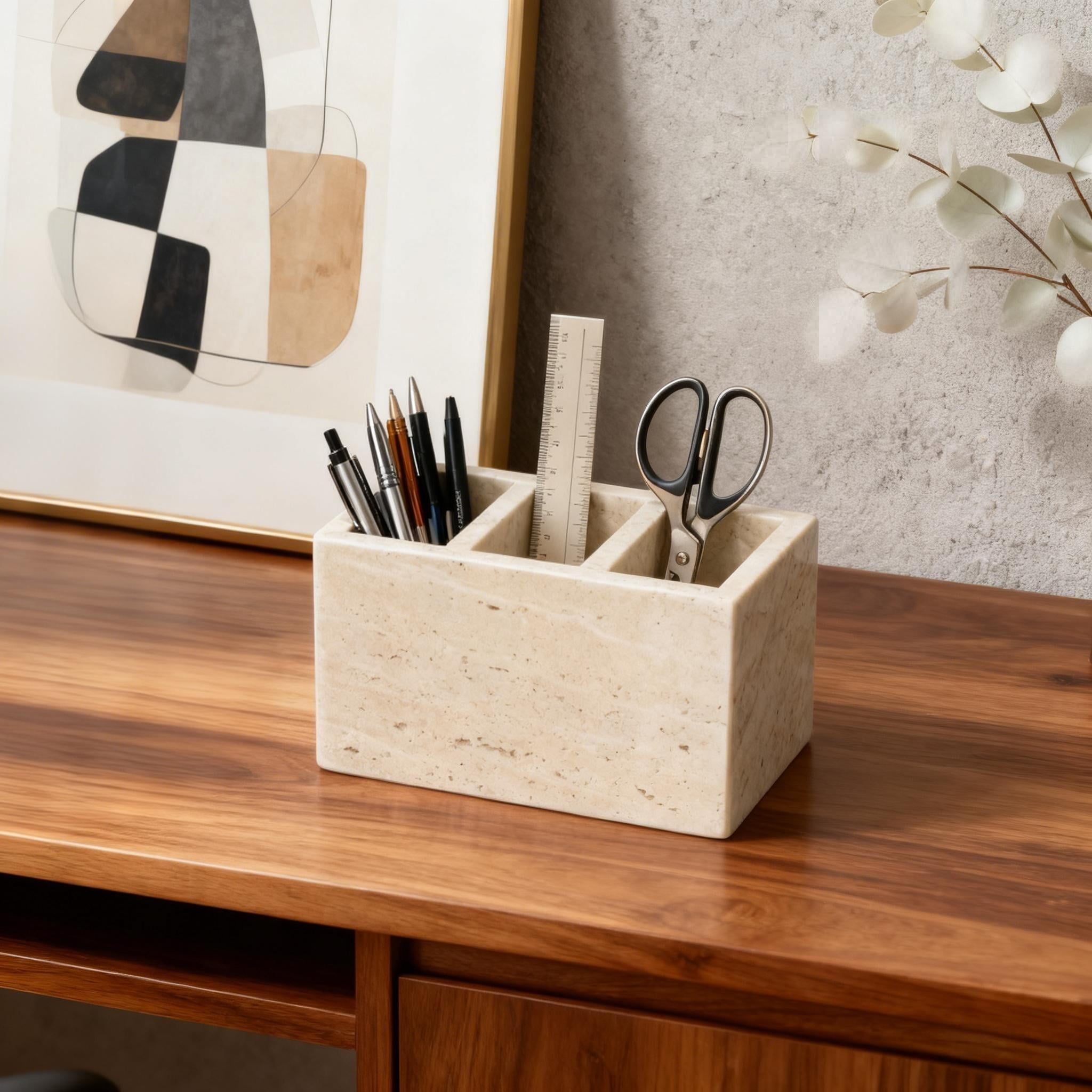 Natural Travertine Marble Organizer - Multi-Purpose Pencil Pen Holder, Bathroom Makeup Brush Storage, Office Desktop Stationary Caddy
