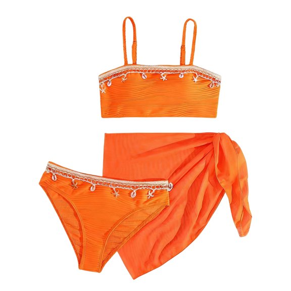 JIAYUE Girls Stylish Three Piece Bikini Set Seashell Detail Pure Color Square Collar Sleeveless Top With Swim Briefs And Coverup Skirt Summer Vacation Swimsuit For Kids