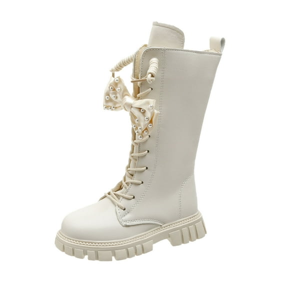 lsirc Girls Lace-Up Combat Boots with Side Zipper, Knee-High Lug Sole Dress/School Boots - Toddler/Little/Big Kids, Beige, US10.5(4-4.5Years)