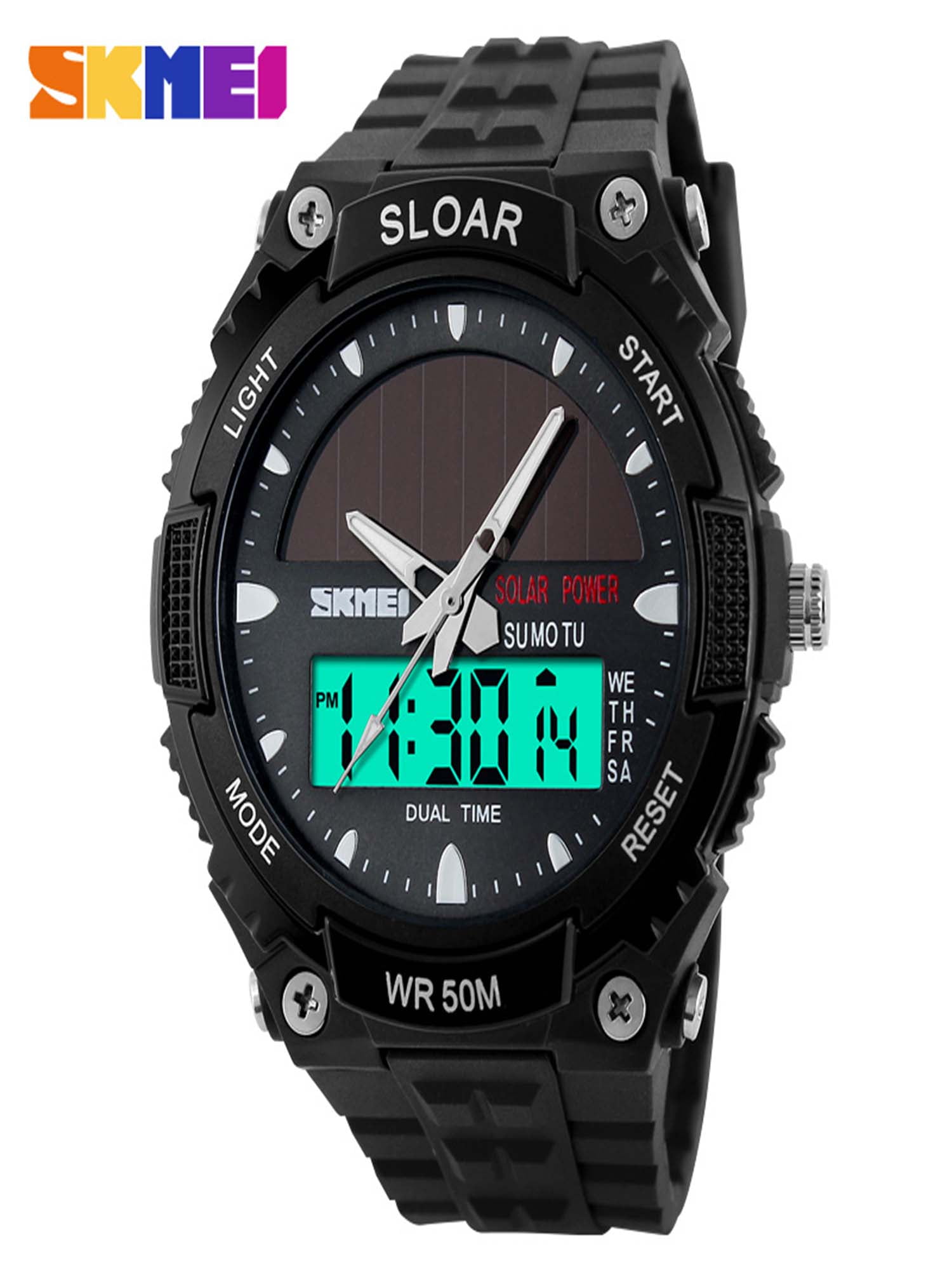 SKMEI Sports Military Watch, 50M Waterproof Analog & Digital Wristwatch Fashion Solar Power Dual Time Watch for Men and Women