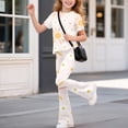 thumbnail image 3 of Faraee Girls 2 Piece Clothes Cute Floral Print Twist Front Short Sleeve Top and Bell Bottom Pants Set Kids Casual Summer Outfits 7-12 Years Beige, 3 of 7