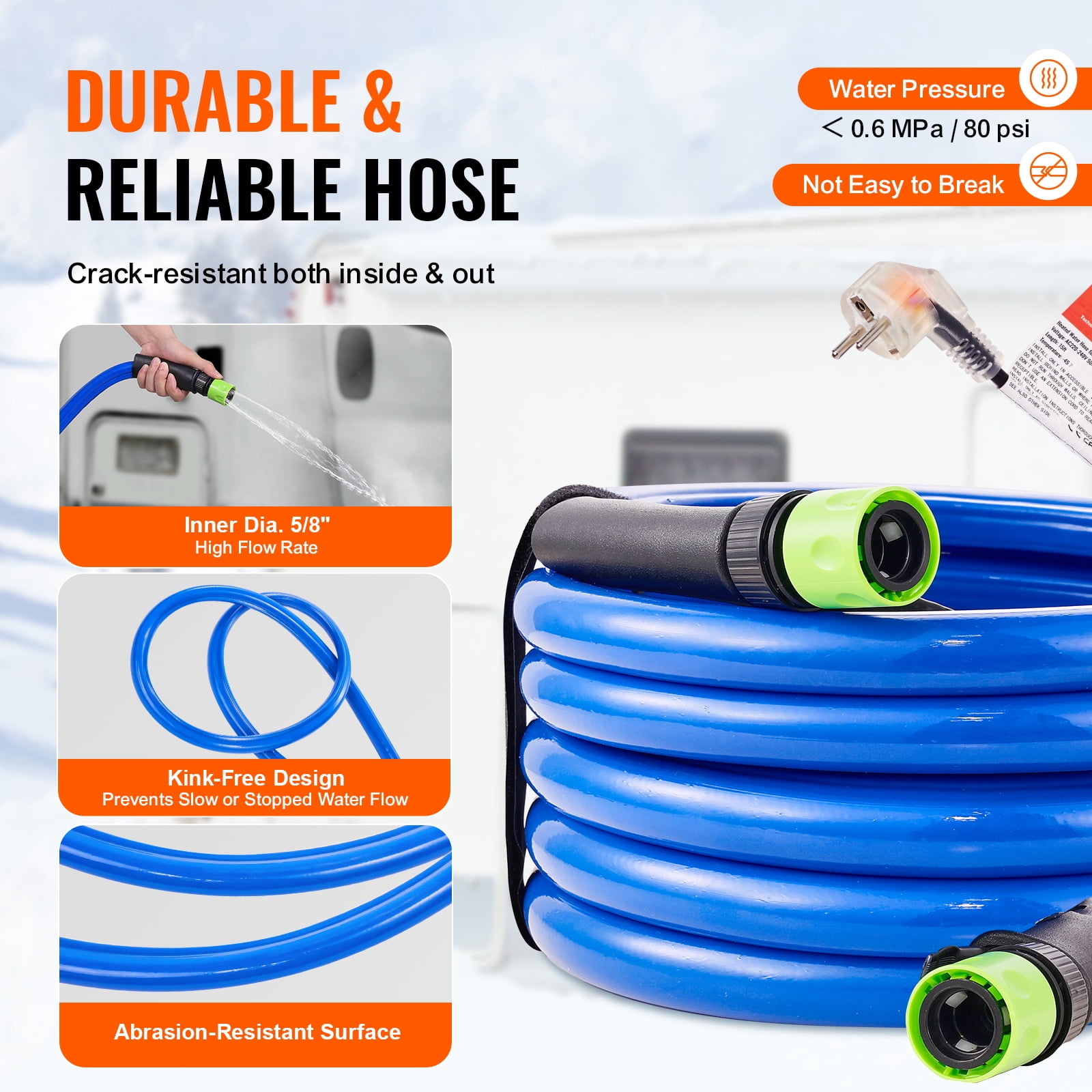 KFFKFF 15ft RV Heated Water Hose, Prevents Freezing Down to -45°F, Self-Regulating, 5/8" Inner Diameter with 3/4" GHT Adapter, Free from Lead and BPA