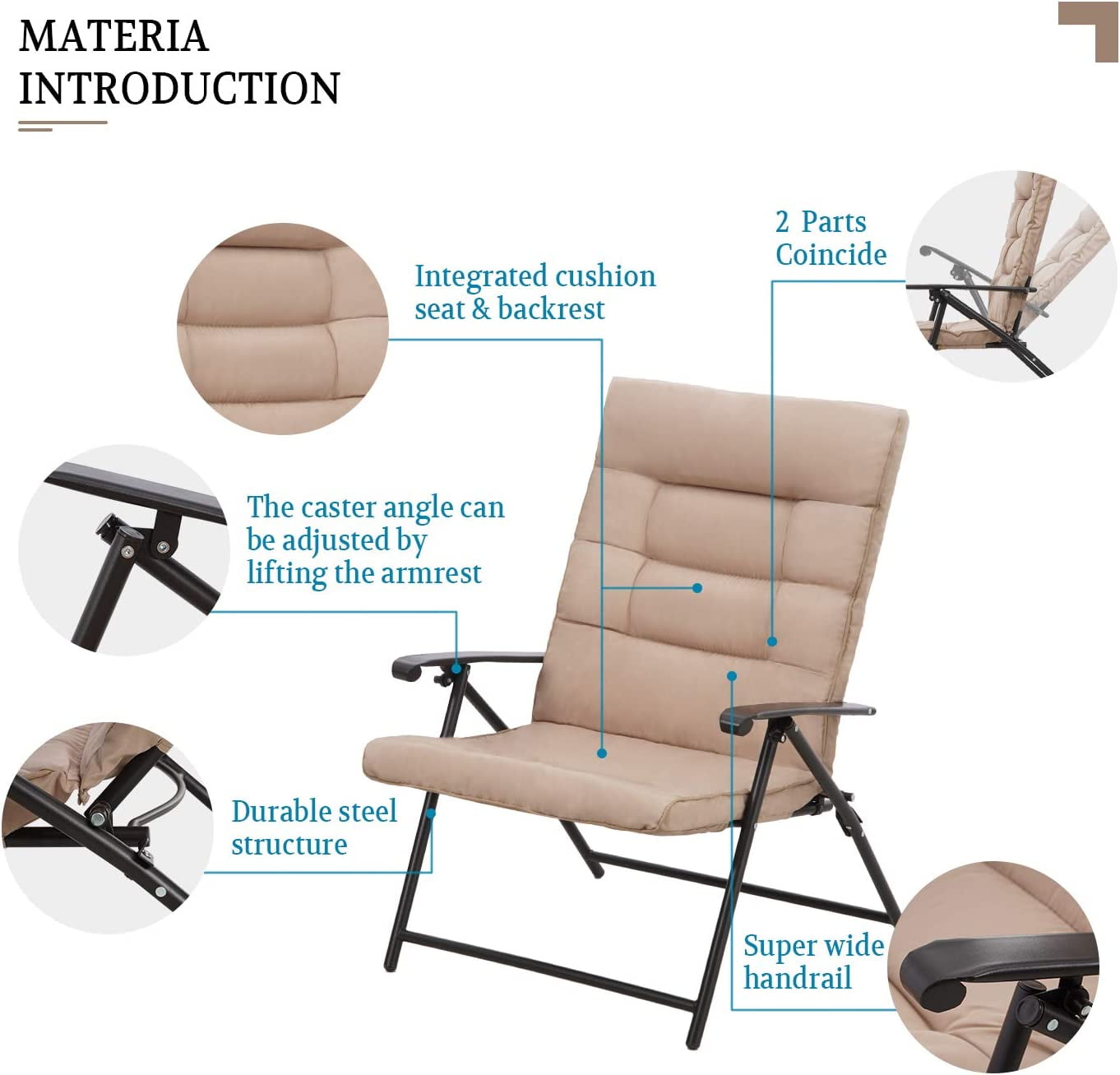 Suncrown Patio Padded Folding 3 Pieces Chair Set for 2 Adjustable Reclining Outdoor Furniture Metal Sling Chair with Coffee Table