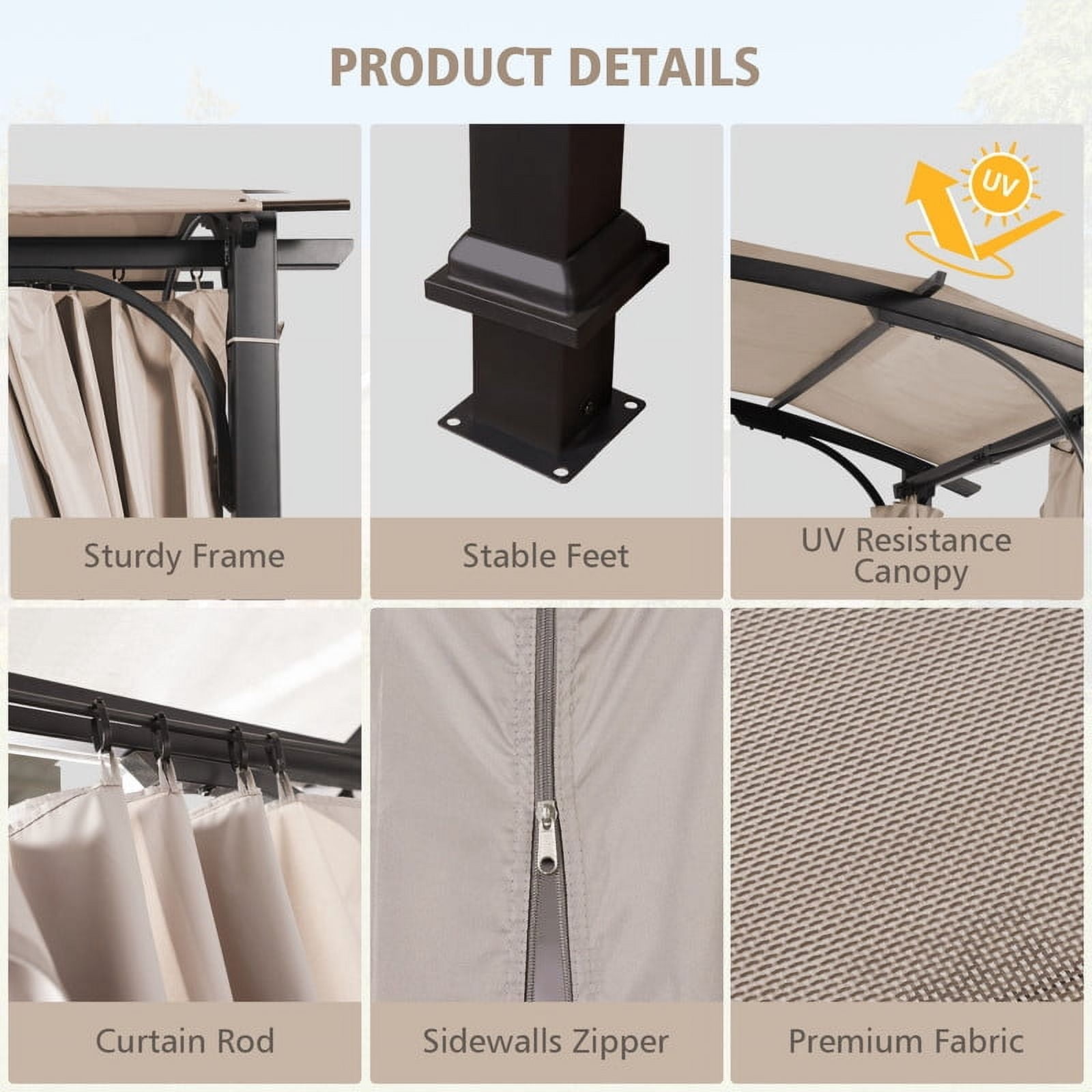 GAZEBETER 10' x10' Outdoor Arched Pergola,Metal Patio Gazebo with Sun Shade Canopy and Curtains for Gardens,Patios,Backyards (Beige)