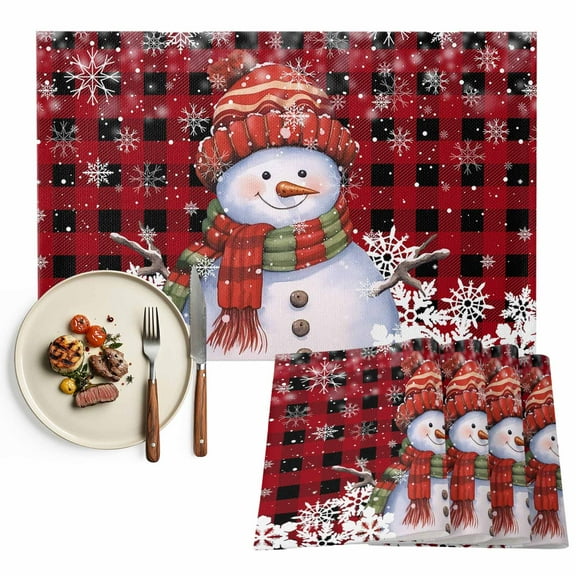 Christmas Snowman Placemats Set of 6, Winter Snowflakes Table Mats Washable Heat-Insulation Non-Slip Place Mats for Kitchen Dinner Table Indoor Outdoor Decor,13x19 Inch Red Black Buffalo Plaid