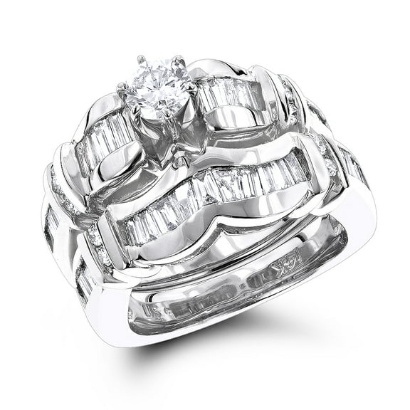 Luxurman 14K Designer Engagement Ring Band Set Round Baguette 2.5 Ctw Diamonds (White Gold Size 6)