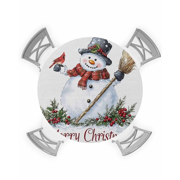 nqOlkjepod Christmas Snowman Round Tablecloth, Fitted Table Cover with Elastic for 45"-54" Round Tables, Xmas Botanical Berry Snowflake Rustic Table Cloth Dinning Party Waterproof Tablecloths
