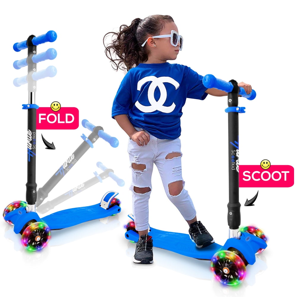 Crazy Joey GLO 3 Wheel Kids Scooter LED Light Up with Knee Wrist Elbow Pads BLUE 