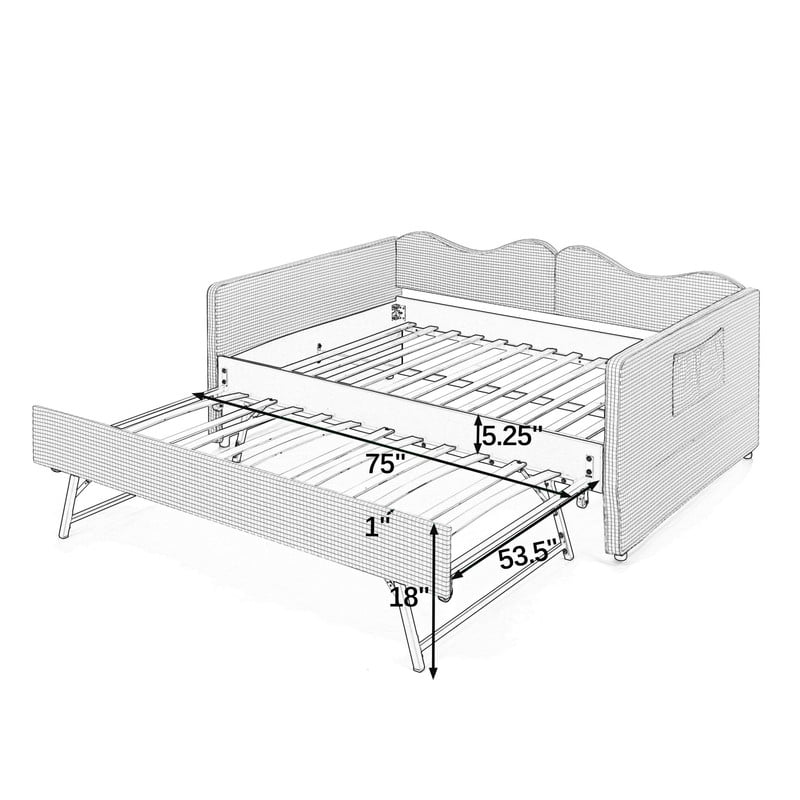Full Size Gingham Daybed with Trundle, Upholstered Day Bed Frame with Side Storage Pocket & Wave-Shaped Backrest, Modern Sofa Bed for Living Room, Bedroom, No Box Spring Needed