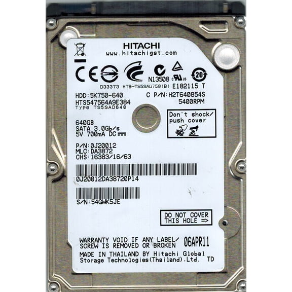 Hitachi HTS547564A9E384 640GB P/N: 0J20012 MLC: DA3872