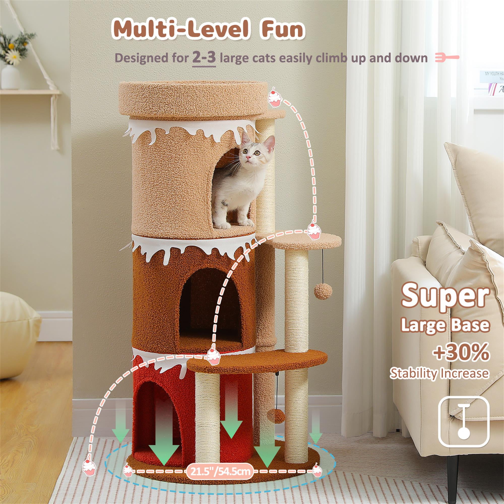 Kadyn 43" Cat Tree Tower for Indoor Cats, Cat Tree House with 3 Cat Condos, Platform, Scratching Posts, Hanging Ball, Cat Climbing Frame Bed, Brown