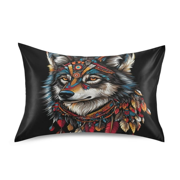 JSTEL Boho Wolf Indian Satin Pillowcase Standard Size Pillow Cases Envelope Closure Bed Pillow Cover, 20 x 26 inch