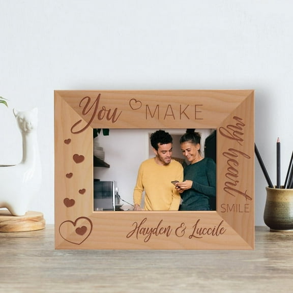 You Make My Heart Smile Personalized Wooden Frame-5" x 3 1/2" Brown Horizontal