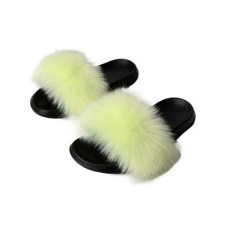 

SIMANLAN Ladies Fashion Flat Sandals Casual Slip On Fuzzy Slippers Home Comfortable Anti-Slip Fluorescent Green 5.5-6