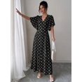 thumbnail image 3 of Womens Black Polka Dot A-Line Maxi Dress V-Neck Button Front Flutter Sleeve, 3 of 6