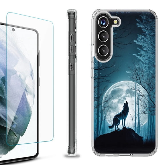 OneToughShield ® for Samsung Galaxy S23  S23 Plus 5G Shockproof Bumper Phone Case, with Tempered Glass Screen Protector - Wolf Moon