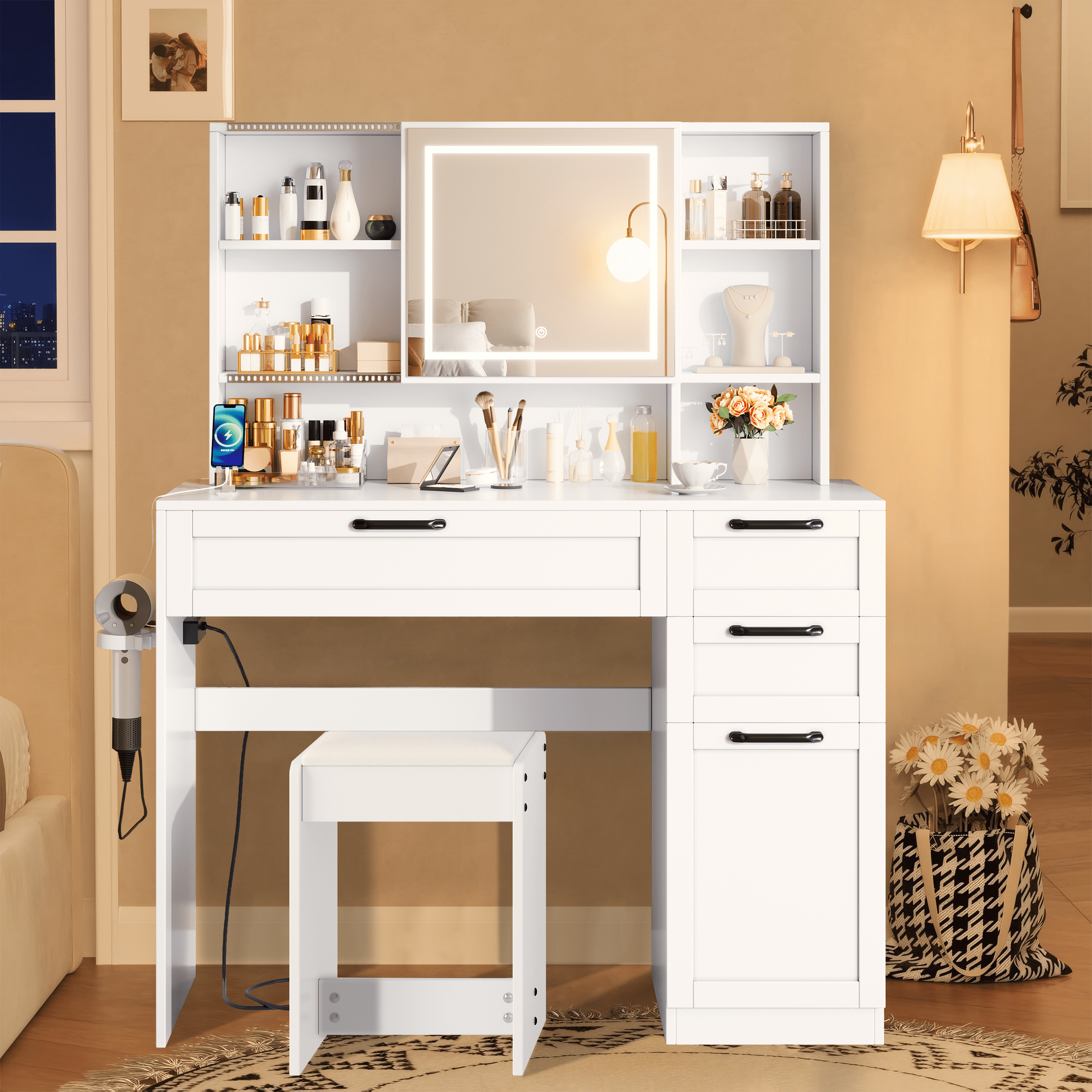 SESSLIFE Vanity Set with LED Sliding Mirror, White Makeup Table with 3 Drawers and Charging Station, Makeup Dressing Table Set with Cabinet for Women, Ladies Gifts