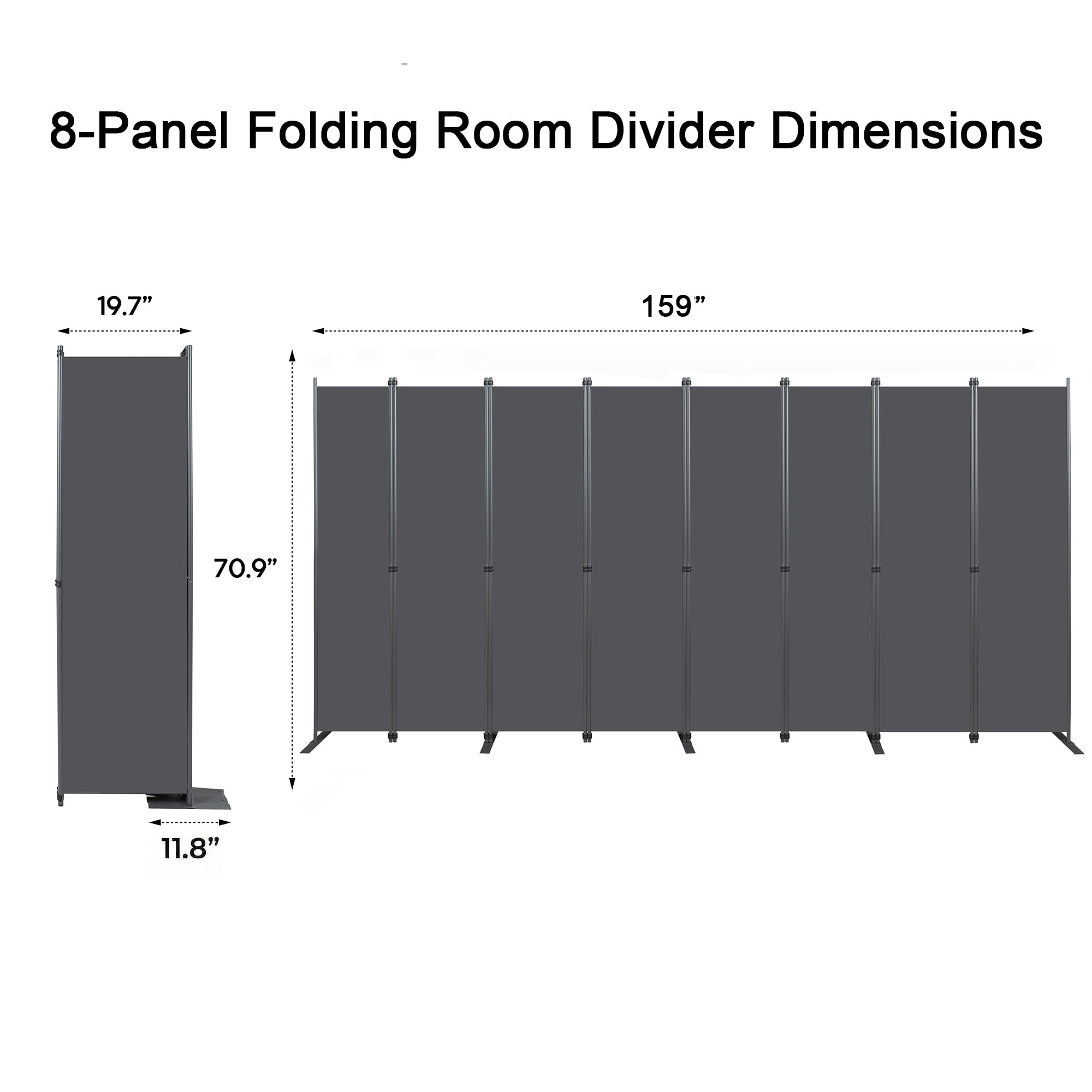 Room Divider 8-Panel 159W x 71H, Folding Privacy Screen with Heavy-Duty Metal Frame and Polyester Fabric, Portable Freestanding Partition for Bedroom Office Living Room, Black Gray