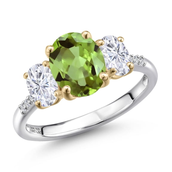 Gem Stone King 925 Silver and 10K Yellow Gold Green Peridot and White Moissanite and Lab Grown Diamond Engagement Ring for Women | 3.16 Cttw | Oval 9X7MM | August Birthstone | Size 5