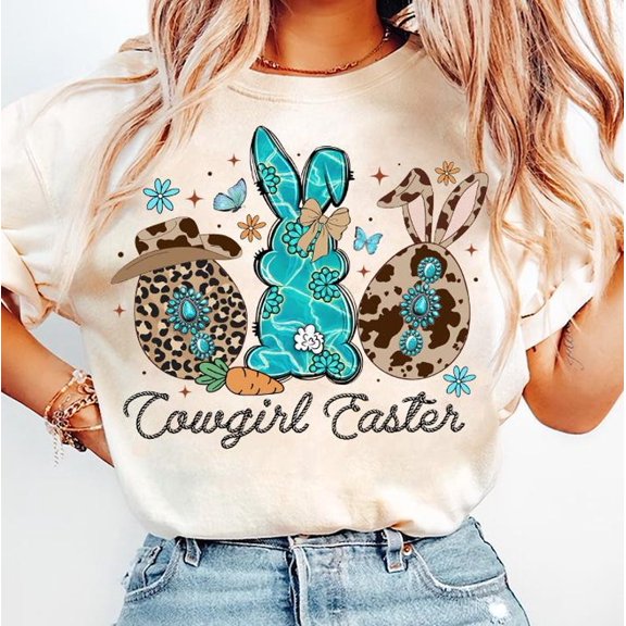 Cowgirl Easter T-Shirt, Western Bunny Graphic Tee, Coquette Country Spring Shirt, Cowhide Eggs Retro Easter T-Shirt
