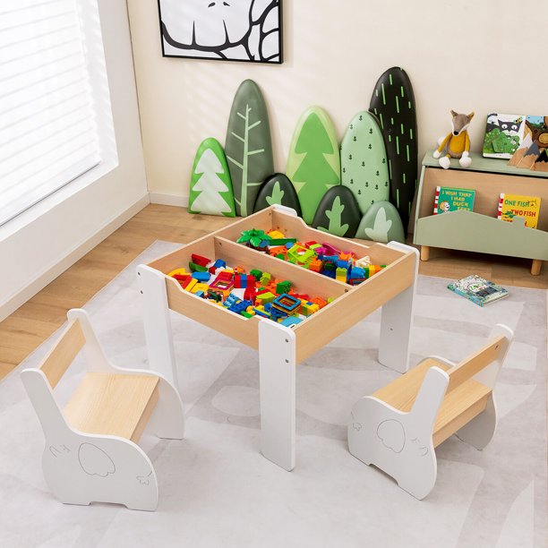 Gymax 4-in-1 Kids Wooden Table & 2 Chairs Set w/ Storage