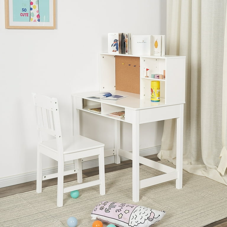 Kids Child Wood Study Hutch Desk And Chair White Walmart