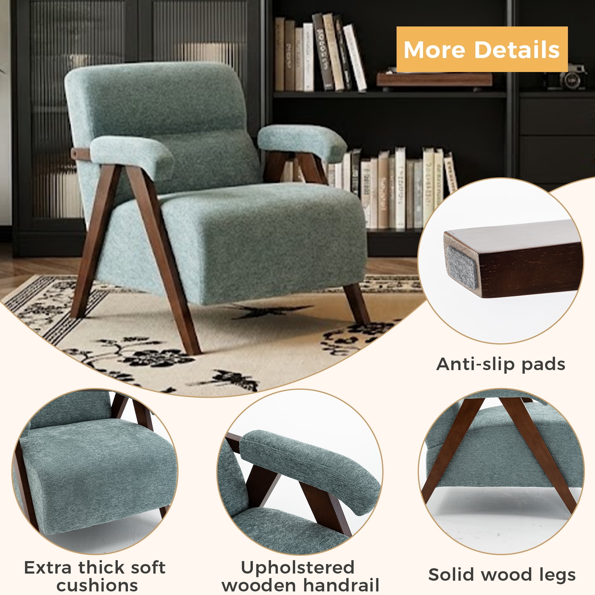 MOONMISS Mid-Century Accent Chair，Armchair for Living Room with Thick Cushions,Green