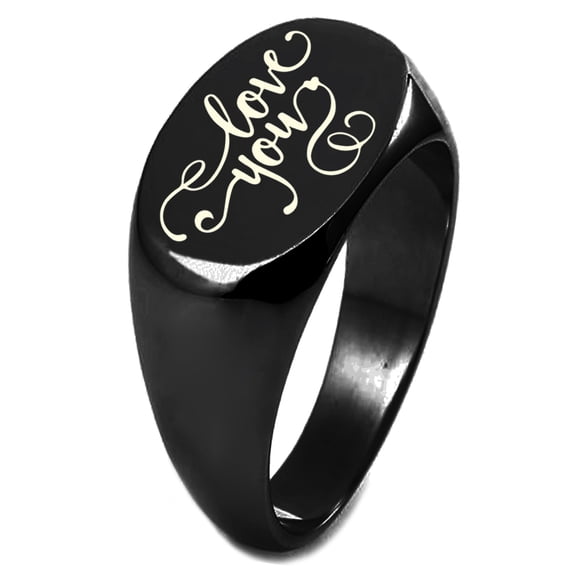 Sterling Silver Love You Calligraphy Swirl Engraved Oval Flat Top Polished Ring