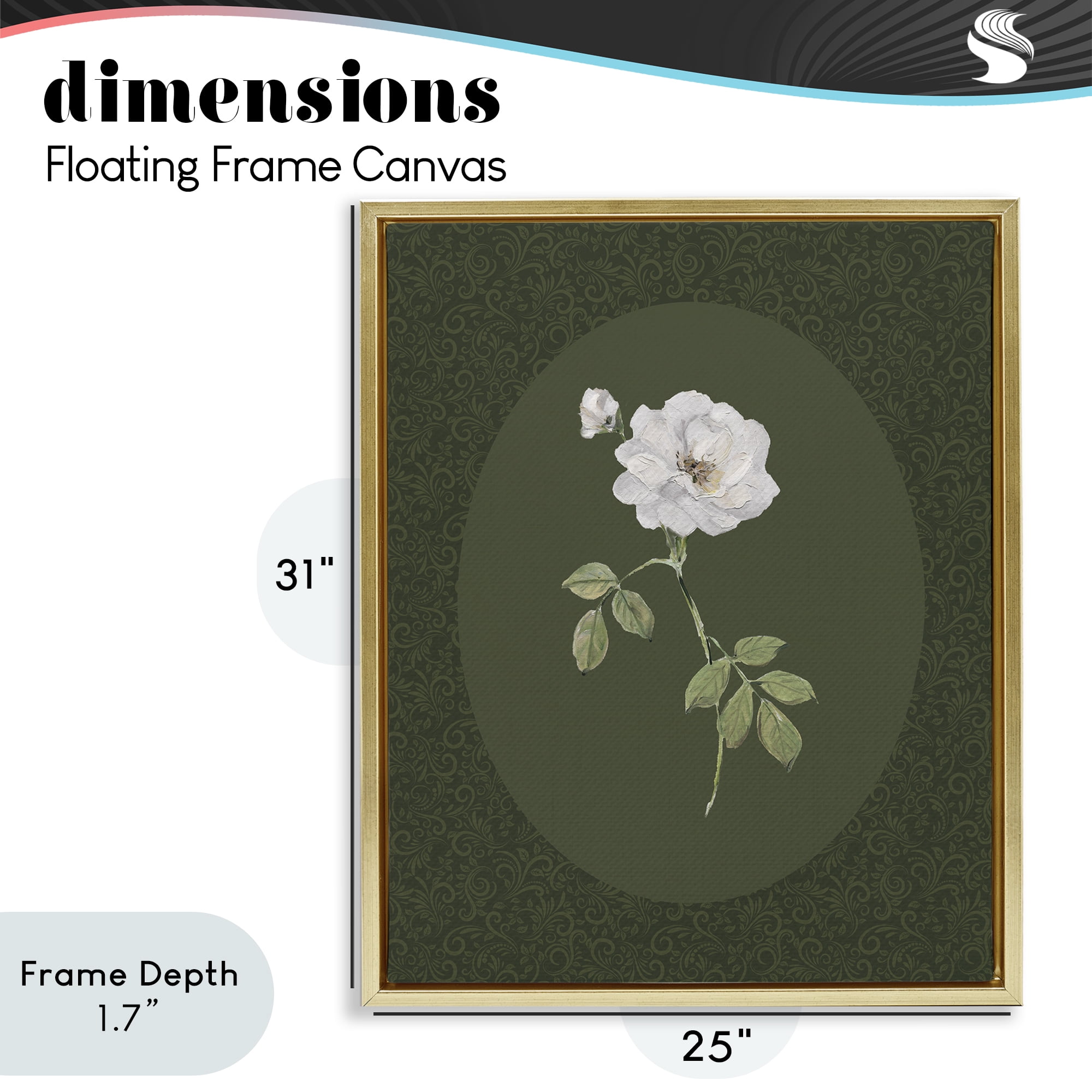 Stupell Industries White Rose on Emerald Gold Framed Floater Canvas Wall Art, design by Sally Swatland