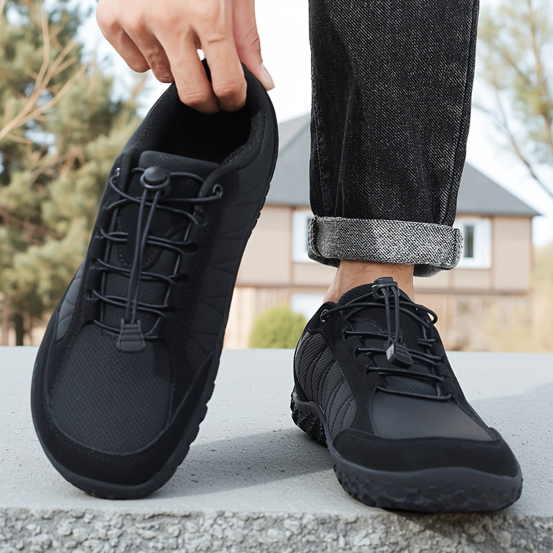 VanWeir Black Lace-Up Men's Casual Sneakers, Wide-Toe Barefoot Men's Shoes, Outdoor Camping Walking Shoes, Men's Walking and Hiking Shoes