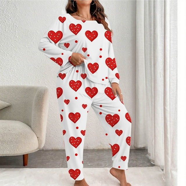 Oksale Ensemble de Détente pour Femmes Grande Taille Mignon Imprimé de la Saint-Valentin Pyjama Décontracté Col Rond à Manches Longues Hauts Amples Doux Pantalons Joggers Pyjama 2 Pcs Rouge 5TG