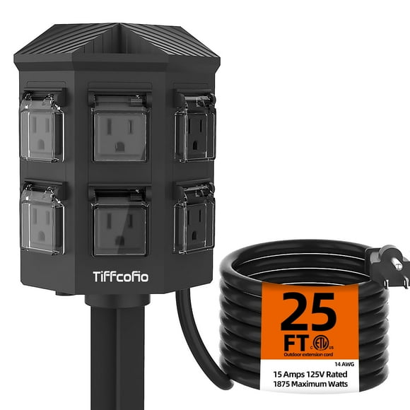Tira de alimentación para exteriores Tiffcofio 25 pies impermeable 6 tomas de tierra Halloween