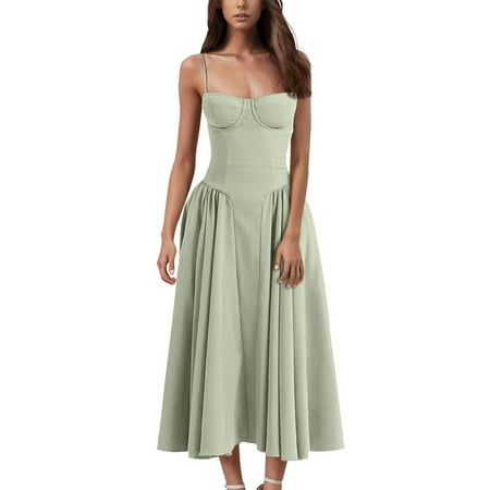 Qwertyu Dresses for Women 2025 Boho Spaghetti Straps Corset Dress Sleeveless Elegant Prom Dresses Flowy Pleated Midi Dress with Pocket Light Green L