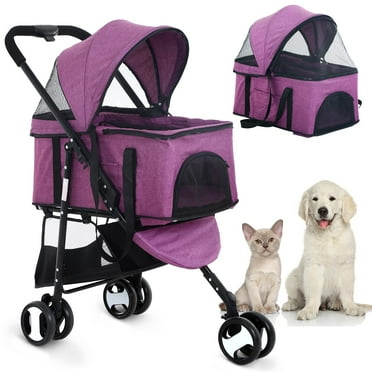 3 Wheels Pet Stroller Cat Dog Stroller for Small Medium Dogs 3-in-1 Detachable Travel Folding Carrier with Storage Basket, Purple